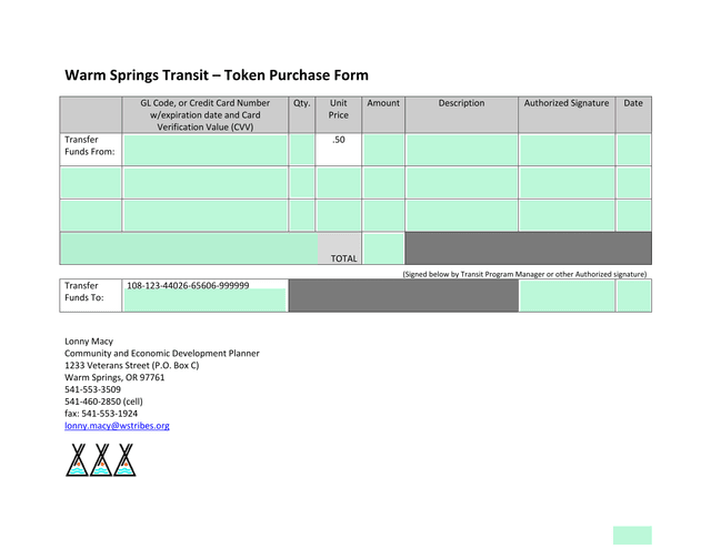 Warm Springs Transit  Token Purchase Form screenshot