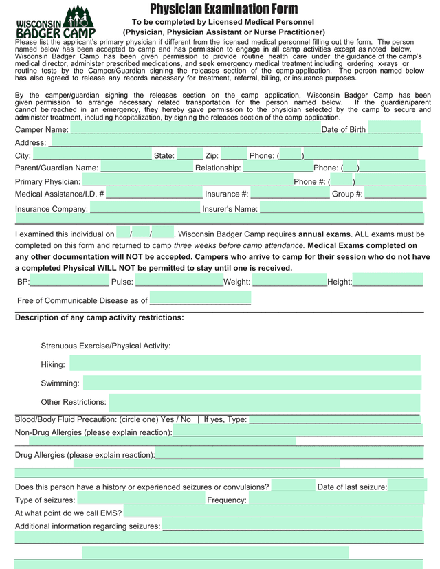 Physician Examination Form screenshot