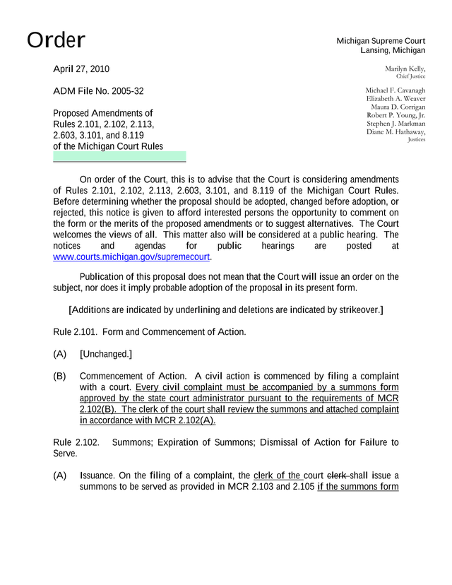 Proposed Amendments Of Rules 2.101, 2.102, 2.113, 2.603, 3.101, And 8.119 Of The Michigan Court Rule screenshot
