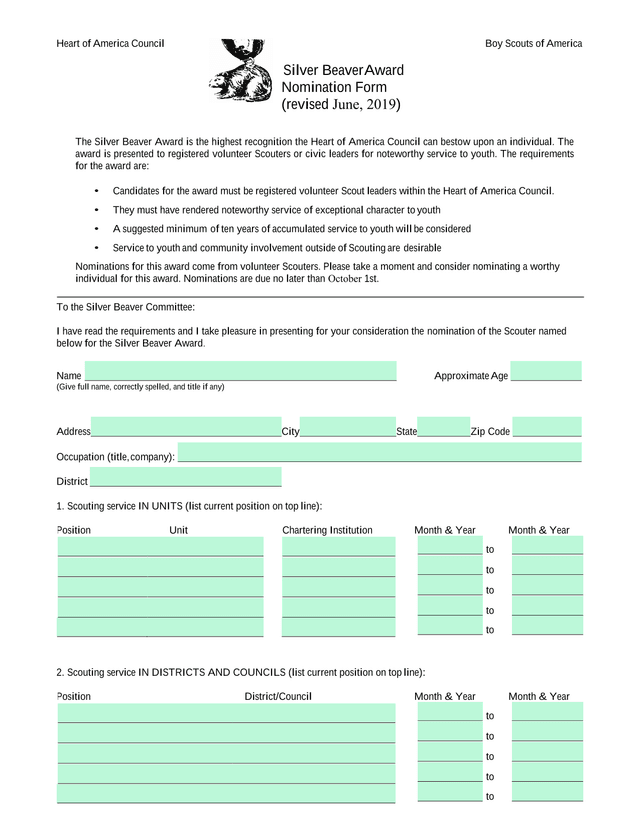 Silver Beaver Award Nomination Form screenshot