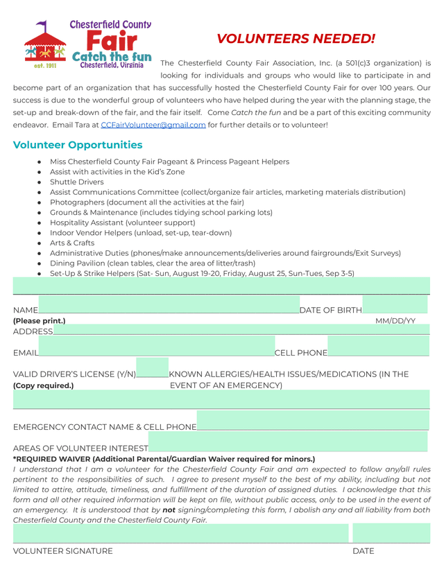 Chesterfield County Fair Volunteer Application screenshot