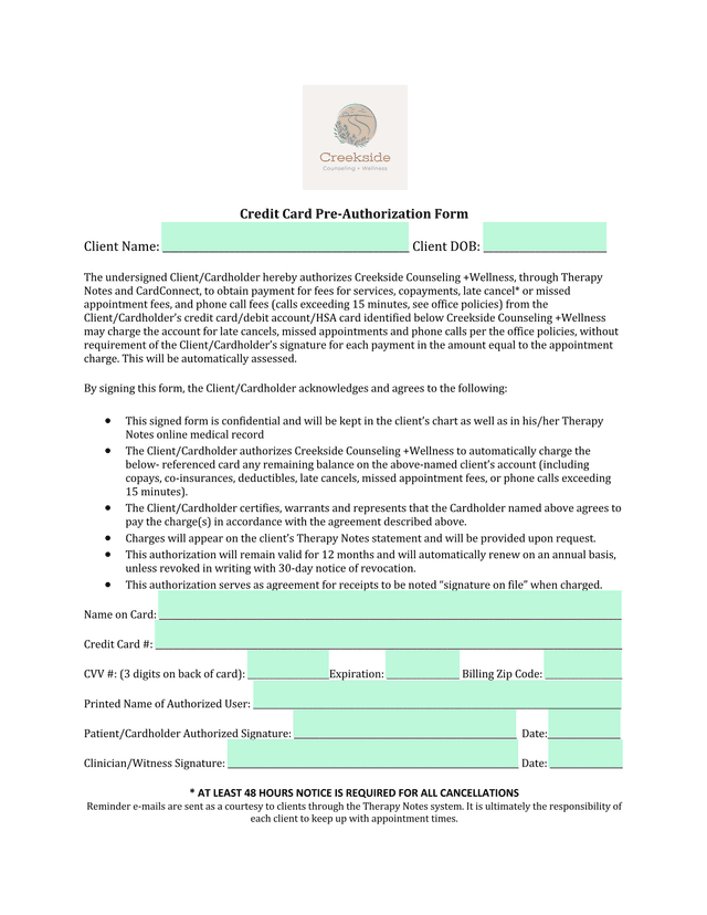 Credit Card Pre Authorization Form screenshot