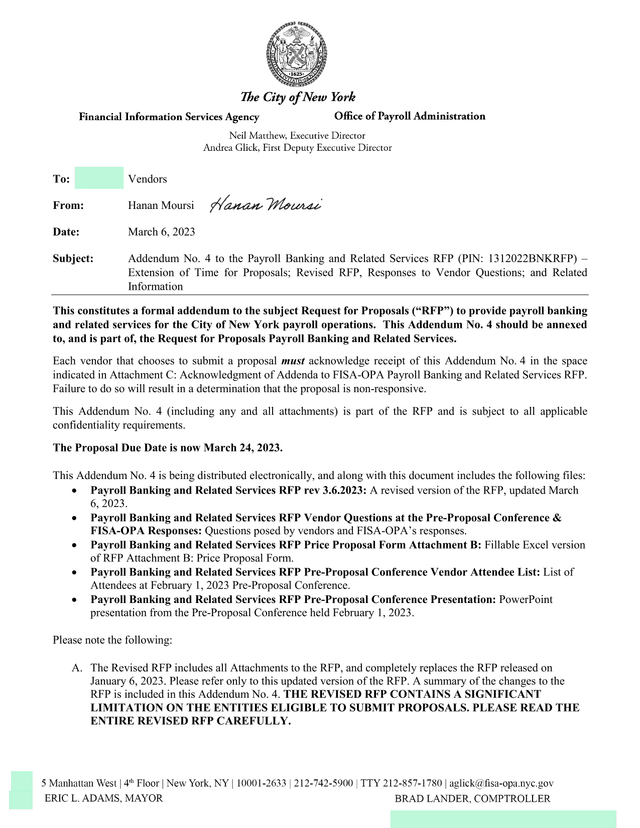 Addendum No. 4 To The Payroll Banking And Related Services RFP screenshot