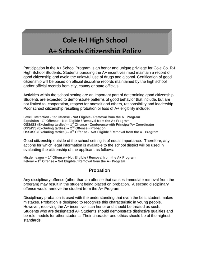 Cole R I High School A Schools Citizenship Policy Disciplinary Probation Appeal screenshot