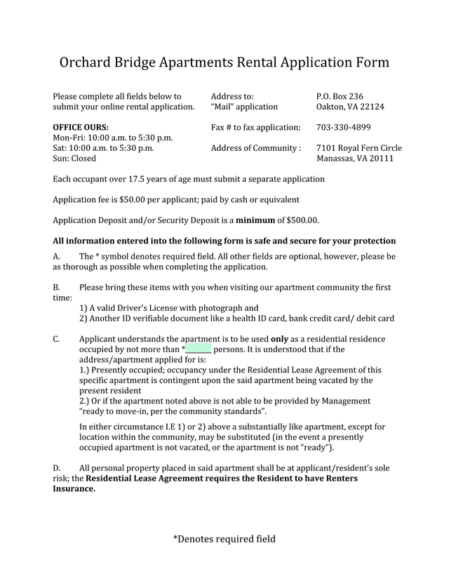 Orchard Bridge Apartments Rental Application Form screenshot
