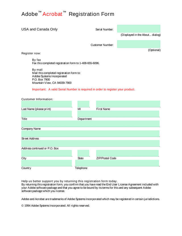 Adobe Acrobat Registration Form screenshot