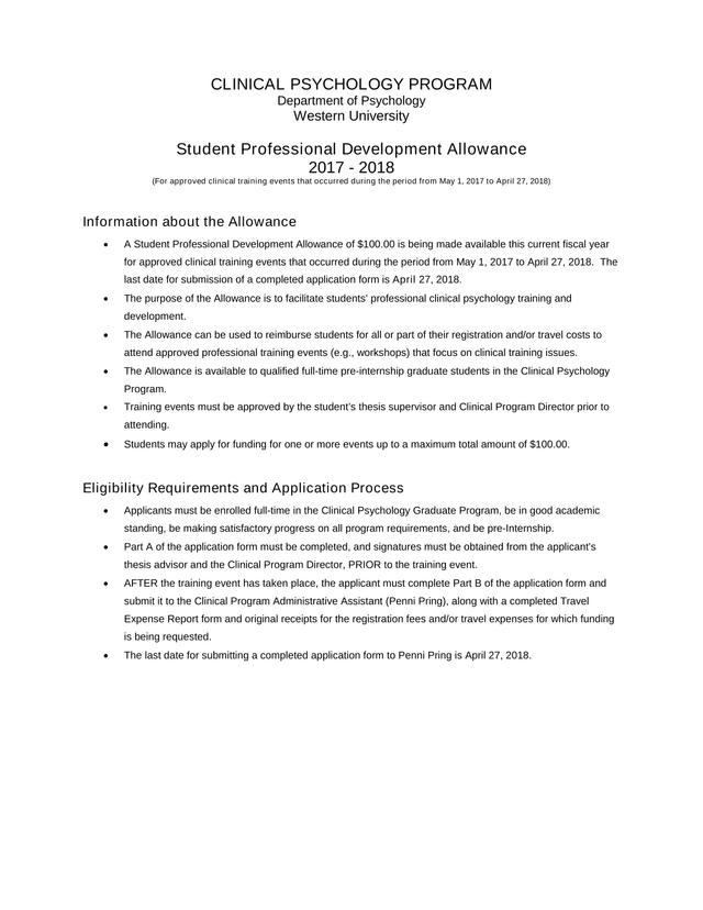 Student Professional Development Allowance Application Form 2017 2018 screenshot