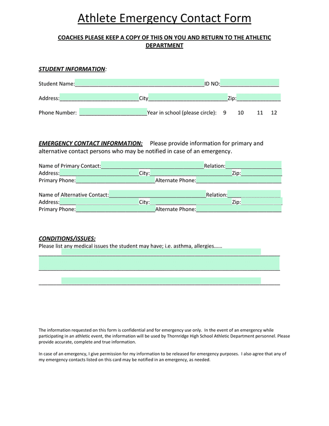 Athlete Emergency Contact Form screenshot