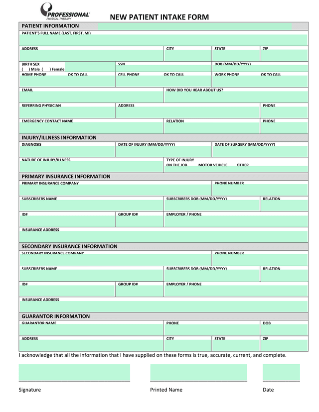 NEW PATIENT INTAKE FORM screenshot