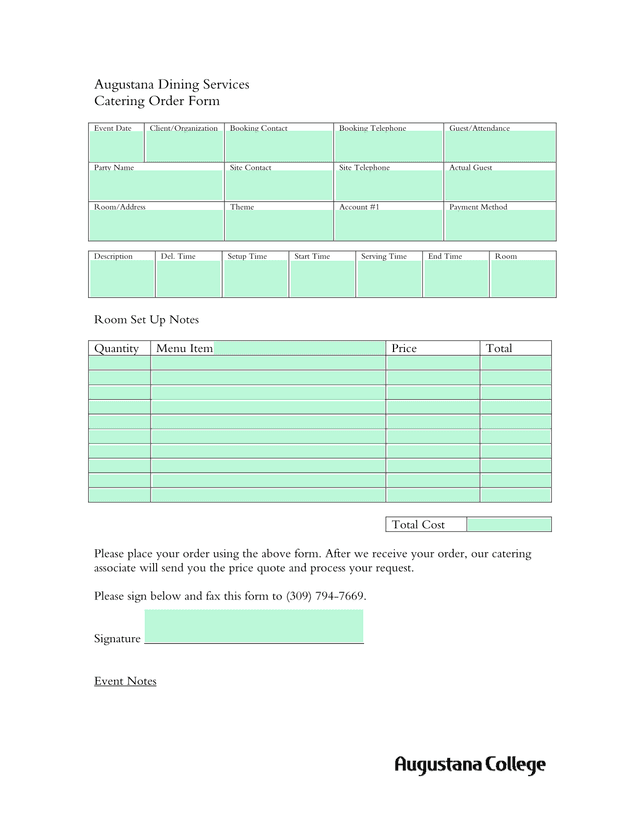 Augustana Dining Services Catering Order Form screenshot