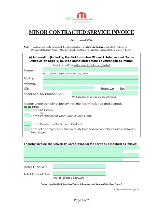 Minor Contracted Service Invoice screenshot