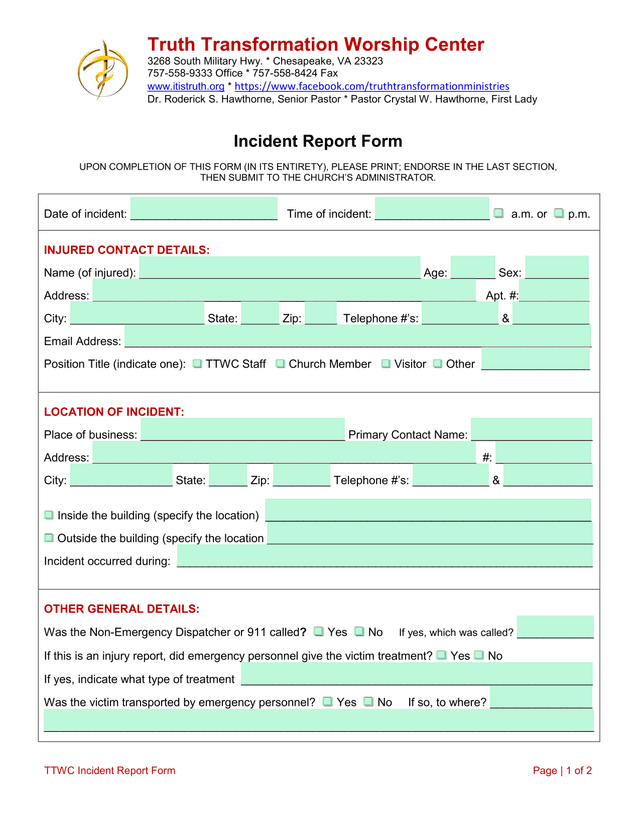 TTWC Incident Report Form screenshot