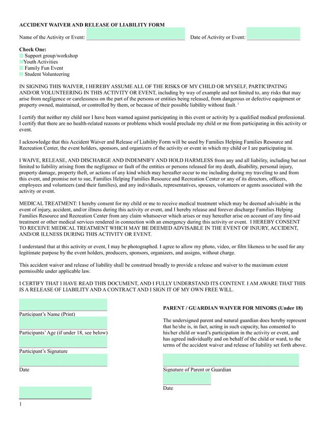 ACCIDENT WAIVER AND RELEASE OF LIABILITY FORM screenshot