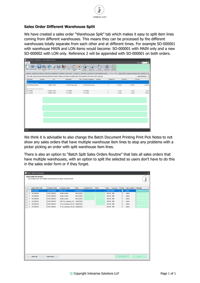 Sales Order Different Warehouse Split screenshot