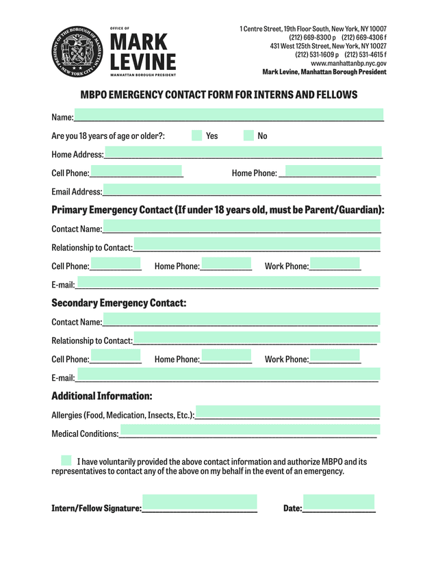 MBPO Emergency Contact Form For Interns And Fellows screenshot