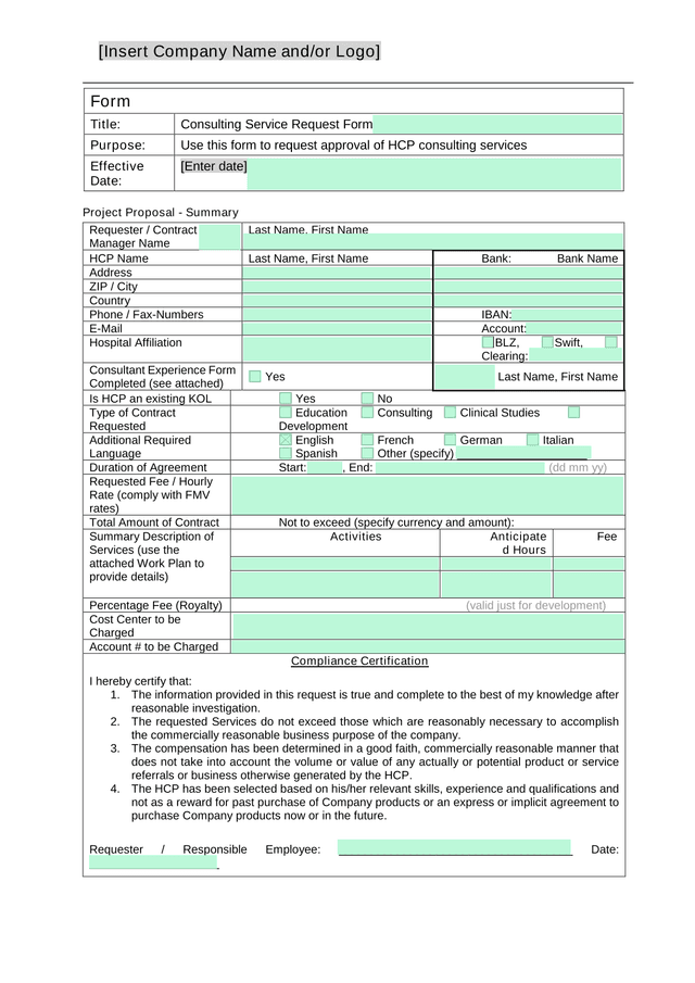Consulting Service Request Form screenshot