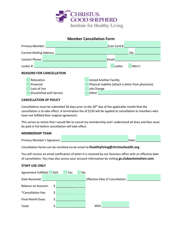 Member Cancellation Form screenshot