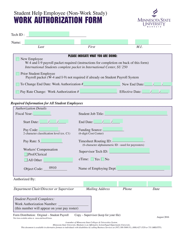 Work Authorization Form screenshot