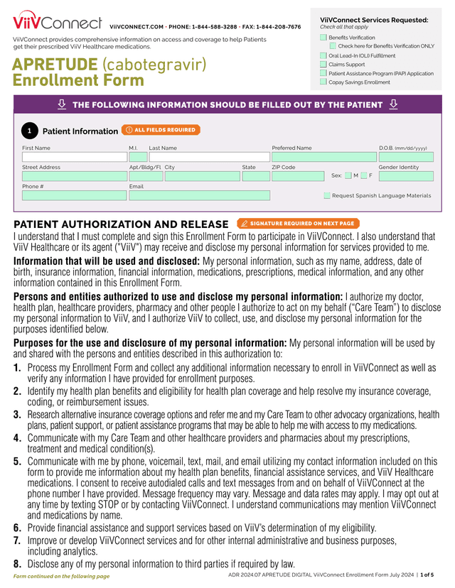 APRETUDE (Cabotegravir) Enrollment Form screenshot