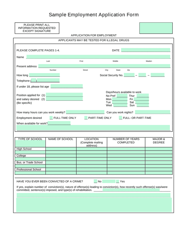 Sample Employment Application Form screenshot