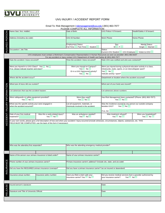UVU Injury  Accident Report Form screenshot