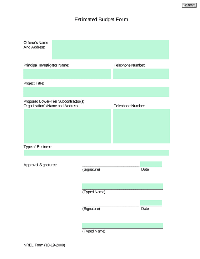 NREL Form Estimated Budget Form screenshot