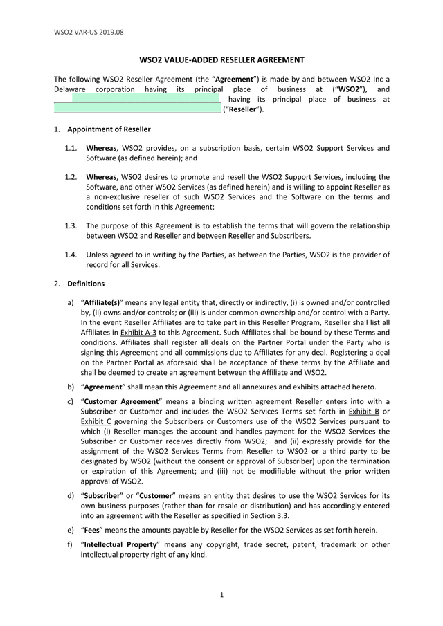 WSO2 Value Added Reseller Agreement screenshot