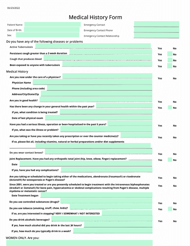 Medical History Form screenshot