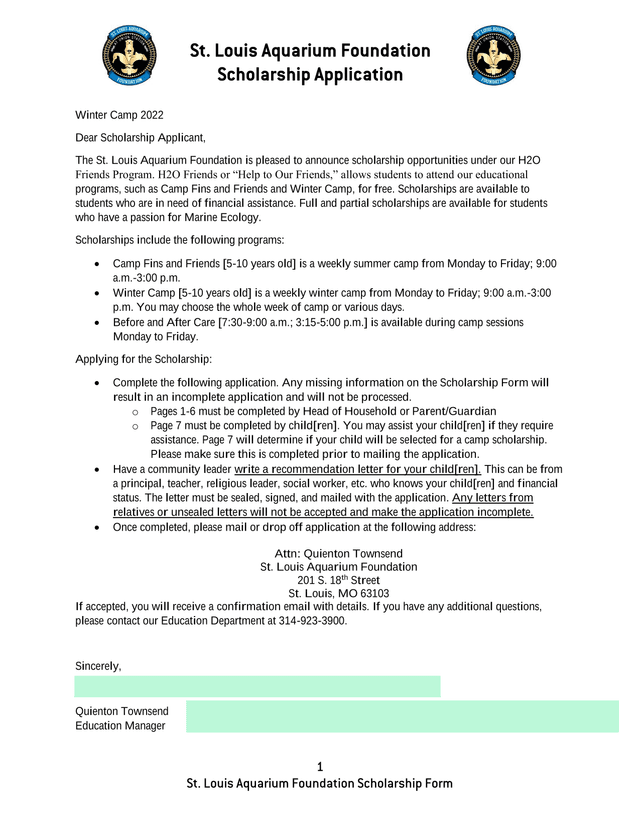 St. Louis Aquarium Foundation Scholarship Application screenshot