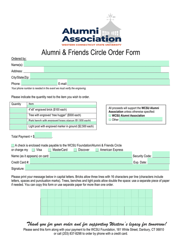Alumni  Friends Circle Order Form screenshot