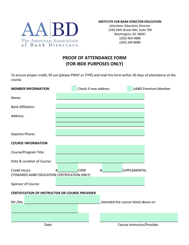 Proof Of Attendance Form screenshot