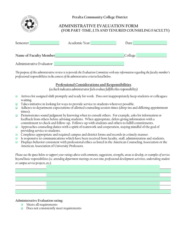 Administrative Evaluation Form (For Part Time, LTS And Tenured Counseling Faculty) screenshot
