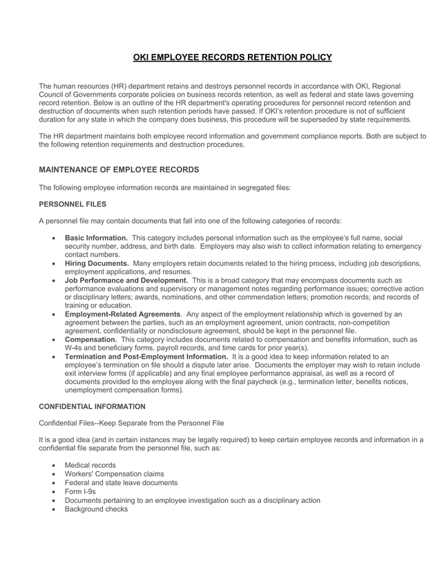 OKI Employee Records Retention Policy screenshot