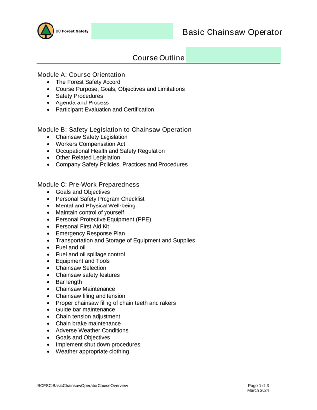 Basic Chainsaw Operator Course Outline screenshot