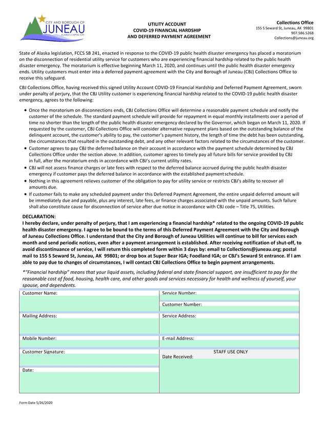 Utility Account COVID 19 Financial Hardship And Deferred Payment Agreement screenshot