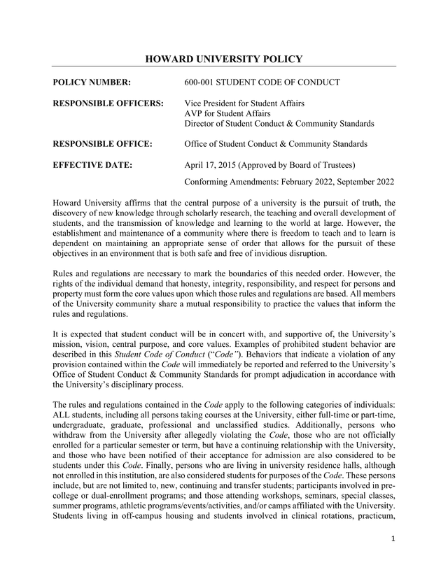 Howard University Student Code Of Conduct screenshot