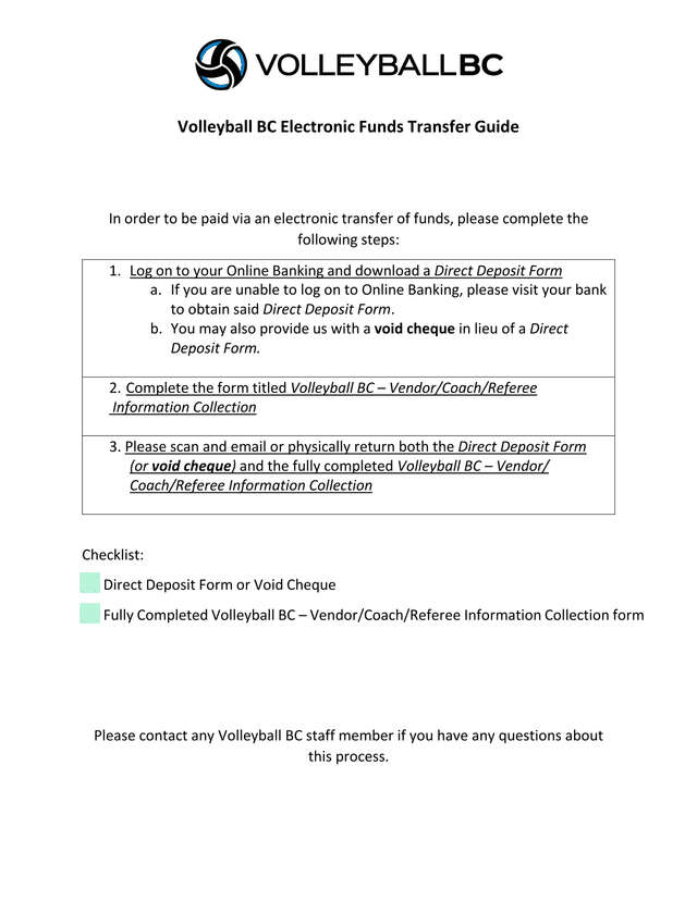 Volleyball BC Electronic Funds Transfer Guide screenshot
