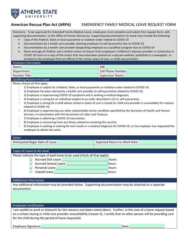 American Rescue Plan Act (ARPA) Emergency Family Medical Leave Request Form screenshot