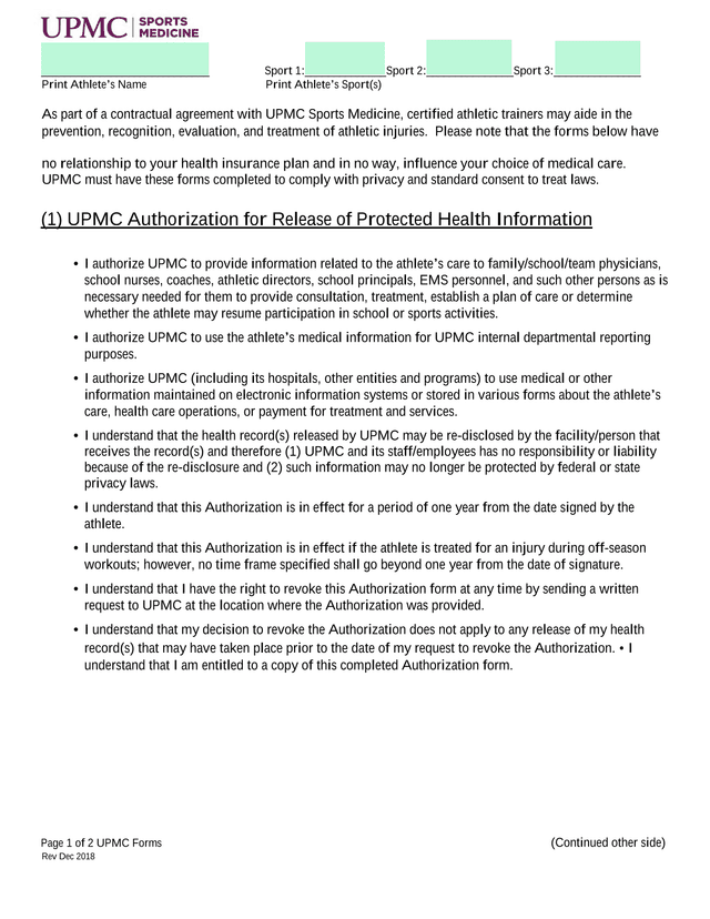 UPMC Sports Medicine Authorization For Release Of Protected Health Information screenshot