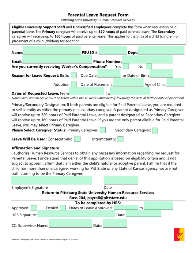 Parental Leave Request Form screenshot