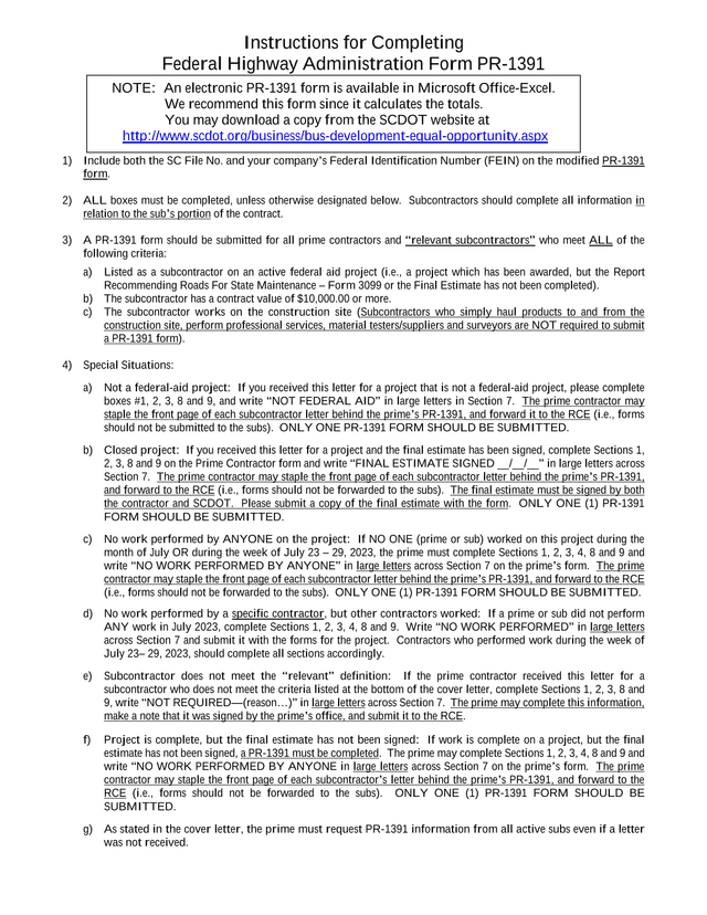 Federal Highway Administration Form PR 1391 screenshot