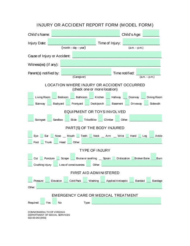 Injury Or Accident Report Form (Model Form) screenshot