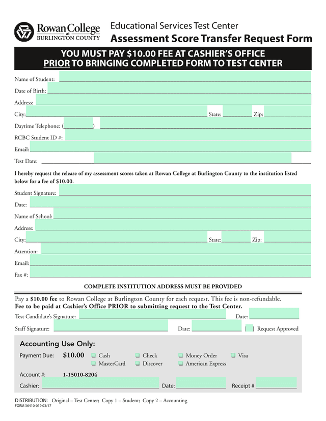 Assessment Score Transfer Request Form screenshot
