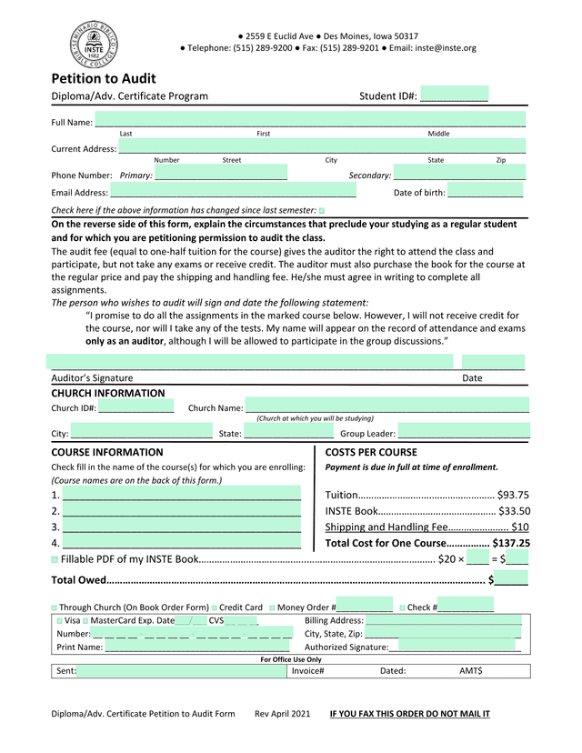 DiplomaAdv. Certificate Petition To Audit Form screenshot