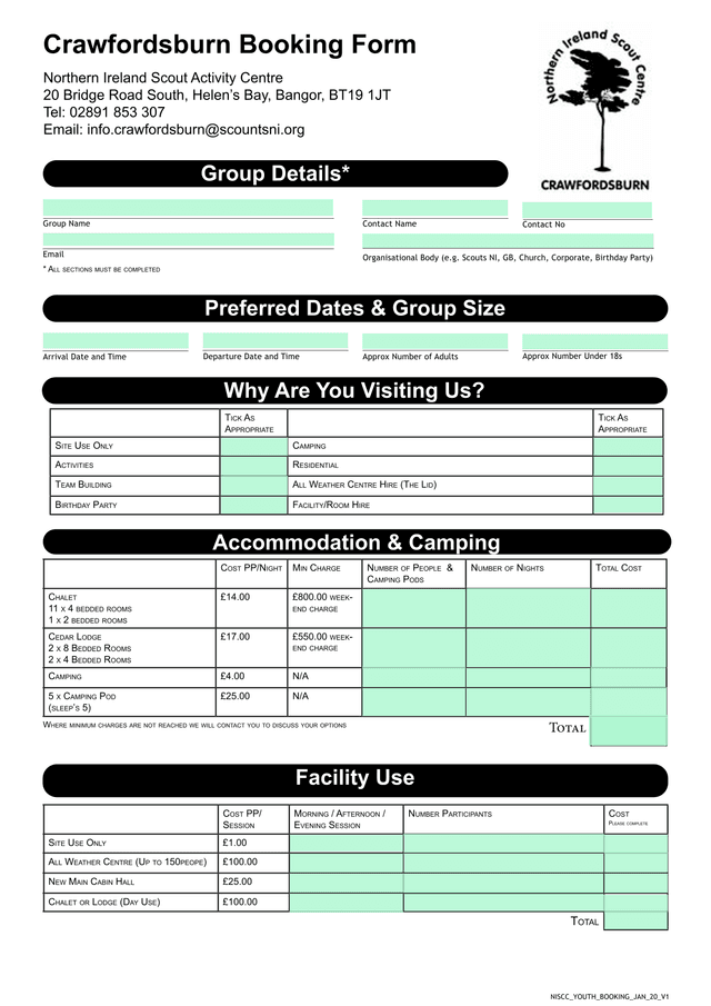 Crawfordsburn Booking Form screenshot