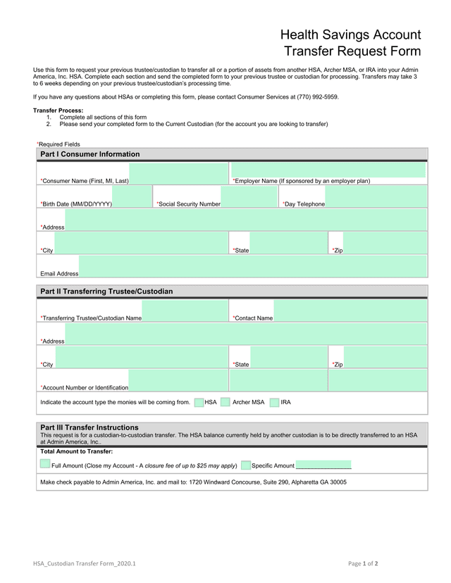 Health Savings Account Transfer Request Form screenshot