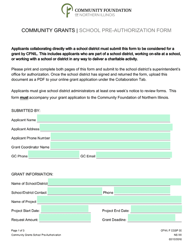 Community Grants School Pre Authorization Form screenshot