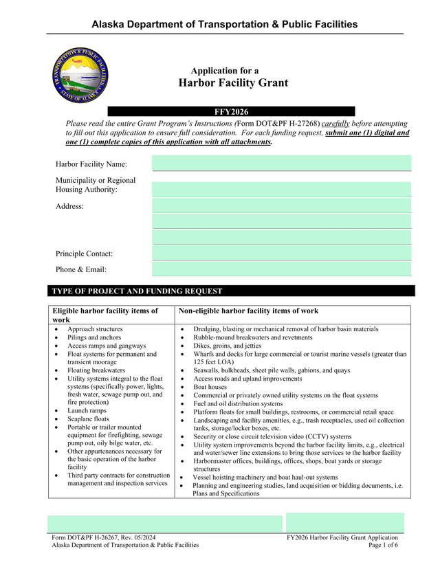 FY2026 Harbor Facility Grant Application screenshot