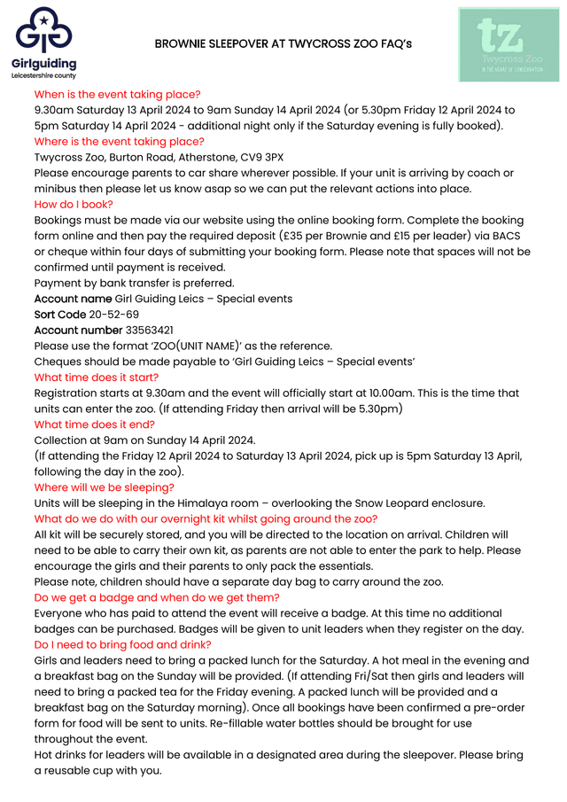 Brownie Sleepover At Twycross Zoo FAQS screenshot