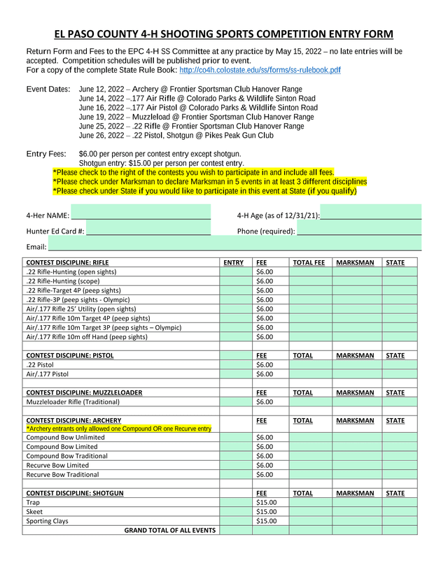 EL PASO COUNTY 4 H SHOOTING SPORTS COMPETITION ENTRY FORM screenshot